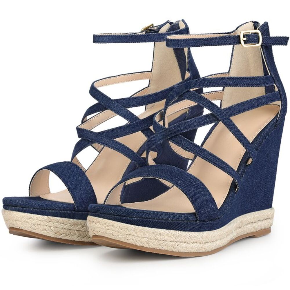 Platform Denim Strappy Wedge Heel Denim Sandals for Women, Denim Blue